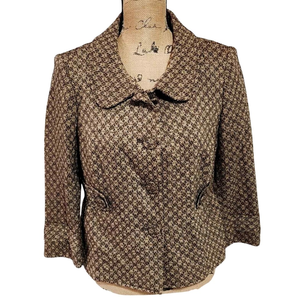Ann Taylor LOFT Women's Blazer Size 8 Brown Geometric Tweed Wool Blend 40s 50s